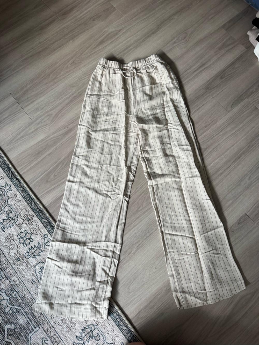 Light Cream Striped Wide-Leg Drawstring Linen Pants